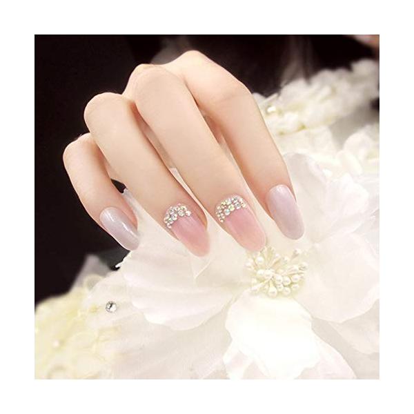 つけ爪 無地 ロング オーバル ネイルチップパールピンク きらきらビーズ 24枚 Pindo Com Py