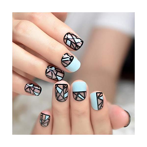 Xutxzka ディスカウント グラフィックディテールプレスネイルライトブルーフェイクネイルキットショート24マニキュア