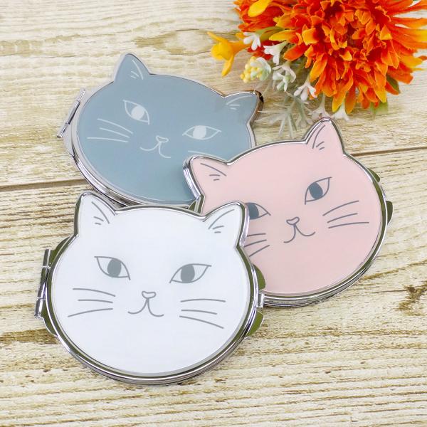 コンパクトミラー 折りたたみ ネコ 顔デザイン 68×75mm 拡大鏡付き