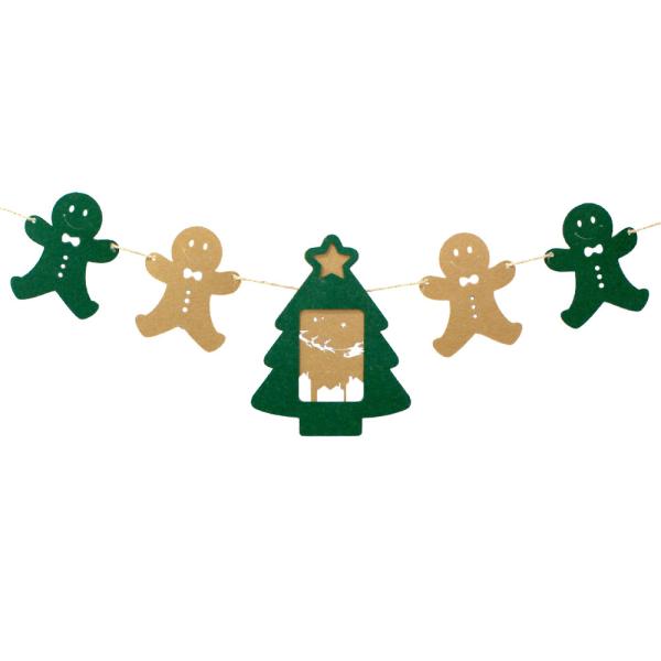 チェキやカードが飾れるオーナメント クリスマス フォトガーランド ツリー【材質】　フェルト、麻紐【サイズ】　ジンジャーマン：縦10cm×横8.3cm　ツリー：縦17cm×横13.8cm　紐：110〜130cm（※ばらつきがあります）【入数】...