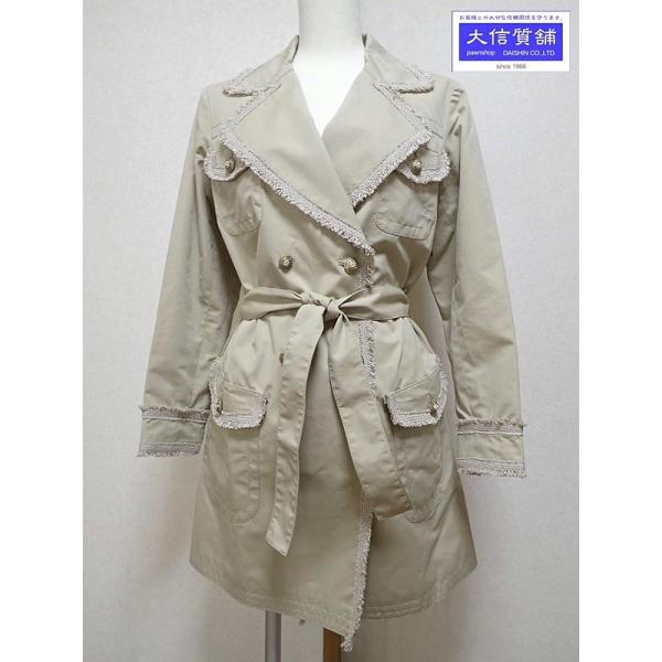 美品CHANELシャネルトレンチコートフリンジチェーンシルクベージュ