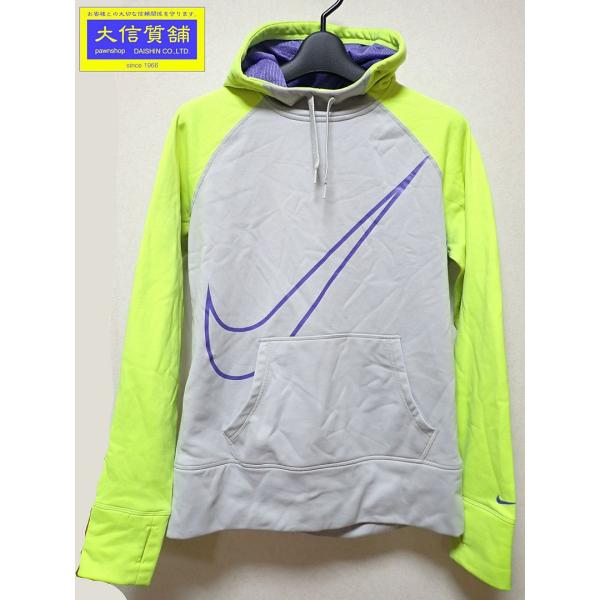 NIKE THERMA FIT ナイキ メンズ プルオーバー フーディ M グレーｘネオングリーン 中古B 【送料無料】 A-7924