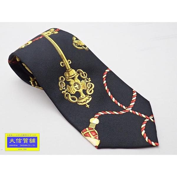HERMES エルメス ネクタイ シルク 鍵柄 キーモチーフ ブラックｘゴールド 中古A+ 【送料無料】 A-9248