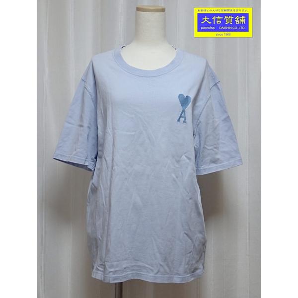 AMI PARIS アミ 半袖Tシャツ コットン ライトブルー メンズM E22UTS002 726 ハートロゴ刺繍 中古B 【送料無料】 A-9308