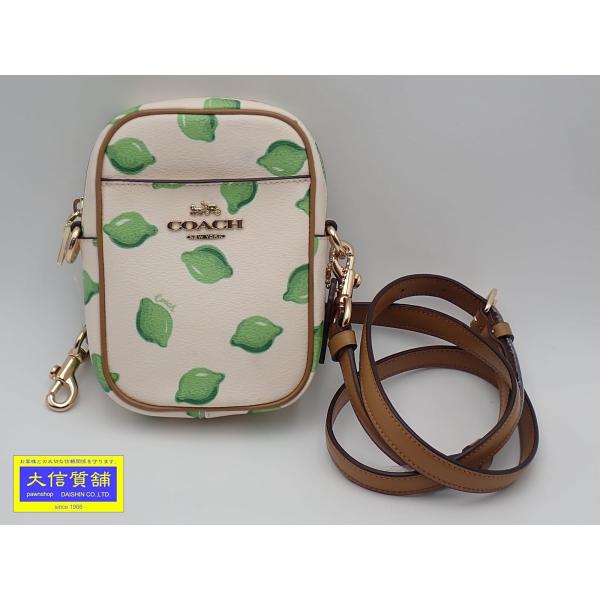 COACH コーチ スマートフォン クロスボディ ショルダーバッグ C2039 3044 ライム柄 アイボリー 中古A 【送料無料】 A-9335