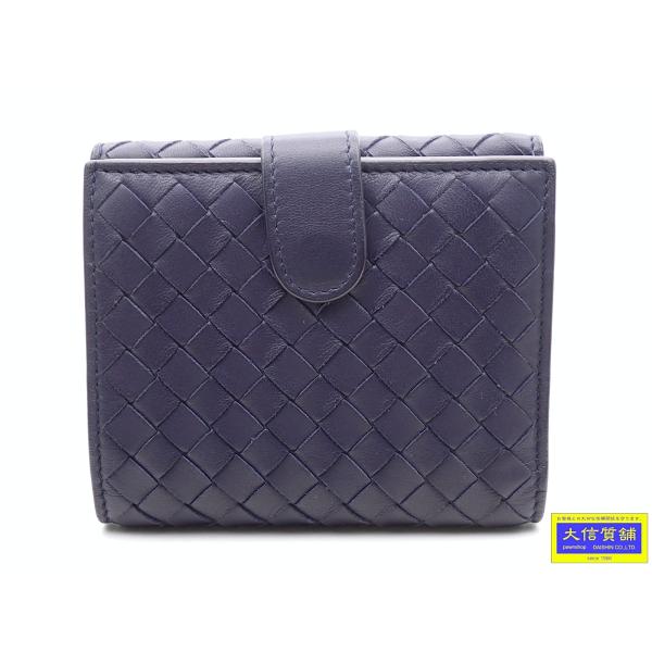 BOTTEGA VENETA ボッテガ ヴェネタ イントレ 二つ折り Wホック コンパクト財布 ネイビー ラムスキン 中古A 【送料無料】 A-9356