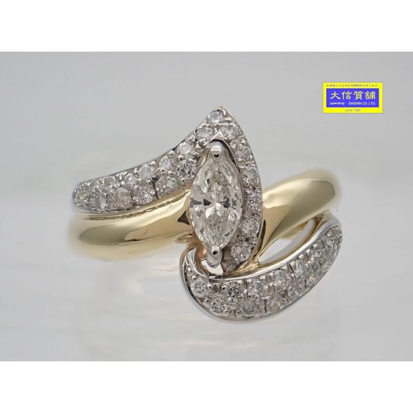 K18 Pt900 イエローゴールド プラチナ マーキスダイヤリング 13号 0.61ct 7.66g 中古A+