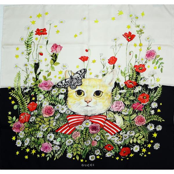 ヒグチユウコ　GUCCI スカーフ 日本限定 ヒグチユウコ プリント シルクスカーフ ・ボルドー