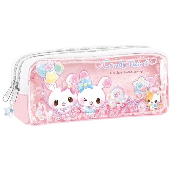 キャンディツインズ ペンポーチ ピンク 2ポケット スパンコール入 透明
