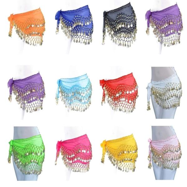 シフォン ターキッシュ ヒップ スカーフレディベリーダンスヒップスカーフアクセサリー 3 行ベルトスカートとゴールドベリーダンストーンコインウエストチェーンラップ大人のダンスウェア素材:シフォンファッショナブルでユニークなデザイン金貨が3列...