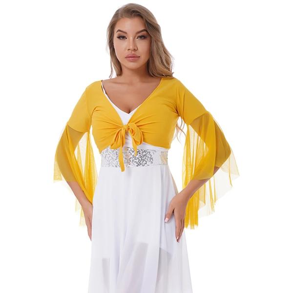 ベリーダンストップスボレロ 3/4 長袖クロップトップス透明メッシュベストカーディガンベリーダンスジプシートップブラウスダンス衣装ショーワンサイズカラーイエローレディース V ネック レースアップ ベリーダンス トップス 3/4 チュール ...