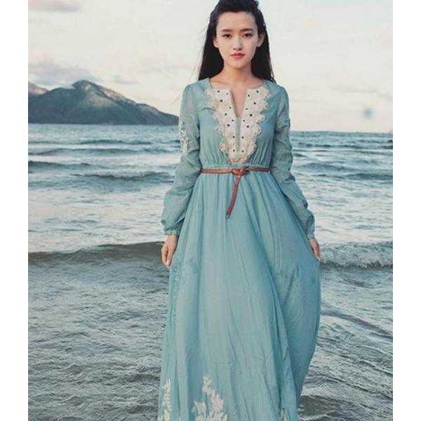 二点送料無料 春新作 森ガール長袖ロングワンピース 民族風刺繍チュニックマキシー丈旅行撮影ビーチドレス ゆったりナチュラルベルト付き 81 69 人気ファッション店 通販 Yahoo ショッピング