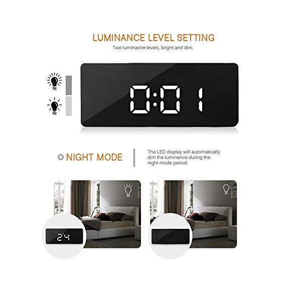 ミラー目覚まし時計 デジタル時計スヌーズ表示時間ナイトledライトテーブルデスクトップ目覚まし時計バッテリーusbデュアル電源 Squarewhite 新品未使用正規品