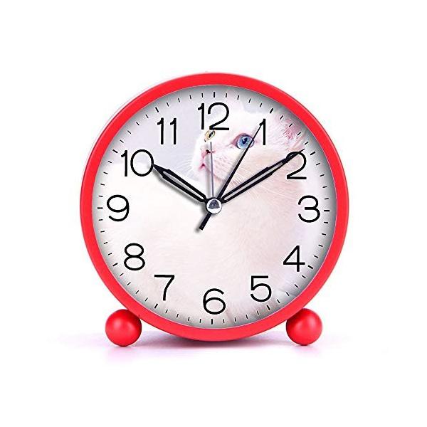 かわいい色の目覚まし時計 メーカー再生品 夜の光の家の装飾 479 とラウンドメタル卓上時計ポータブル時計 白猫の写真 青