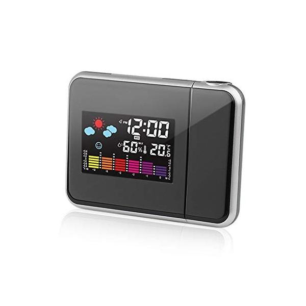 デジタル投影スヌーズ目覚まし時計カラフルなledディスプレイバックライトサイレントいいえカチカチ時計時計天気駅家の時計 低廉