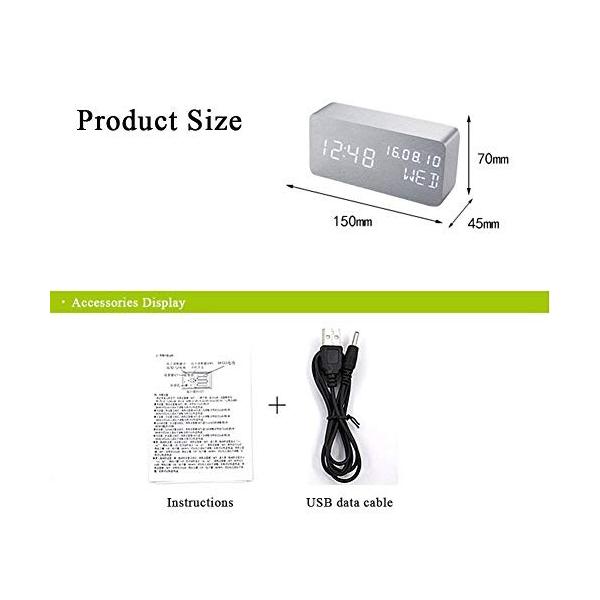 木製電子目覚まし時計ledデジタル目覚まし時計音声制御機能 時間 中古 日付 温度表示付き3速3速輝度設定