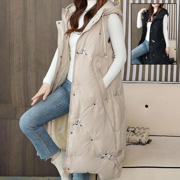 レディースベスト 秋冬　ダウンベスト レディース　中綿ベスト ロング丈 フード付き ポケット付き ダウン アウター トップス 暖かい 防風防寒 レディースベスト 秋冬 ダウンベスト レディース 中綿ベスト ロング丈