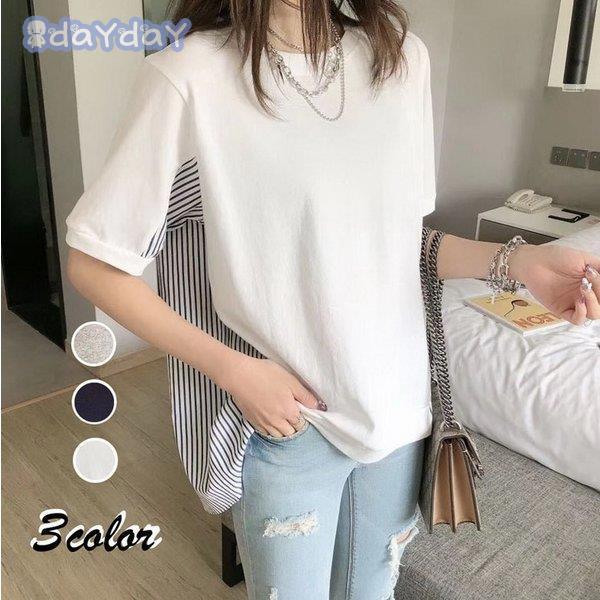 Ｔシャツ レディース 40代 春夏 半袖Tシャツ ブラウス 薄手 綿 白トップス ストライプ柄 カジュアル 3色 オシャレ 韓国風 カットソー  ゆったりTシャツ 30代50代