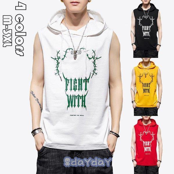 パーカー メンズ おしゃれ スウェット プルオーバー 袖なし プリント トップス フード付き カジュアル フェイクレイヤード Tシャツ お兄系 夏 20代30代40代 4色