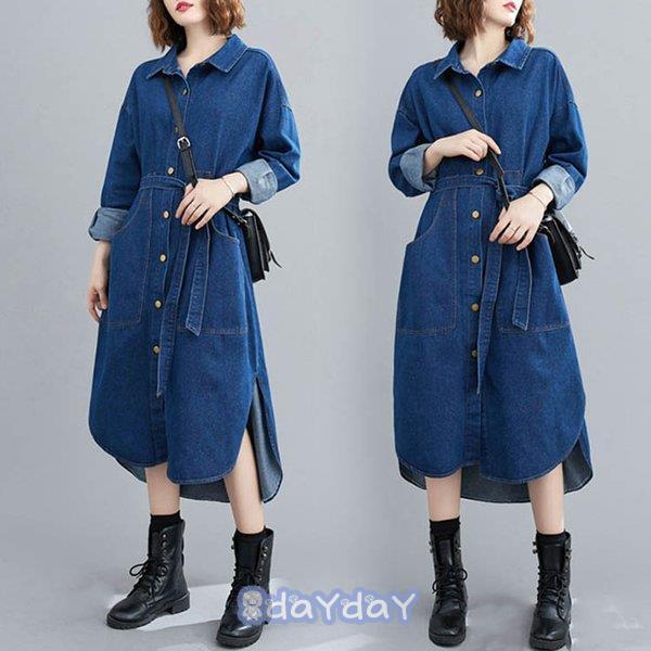 デニムワンピース ロング デニム 開襟 シャツワンピース ポケット