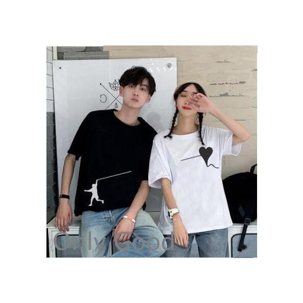ペア カップルTシャツ ペアルックカップル 半袖 トップス ハート柄 カップルペア ペアルック メンズ レディース 春夏 海外旅行