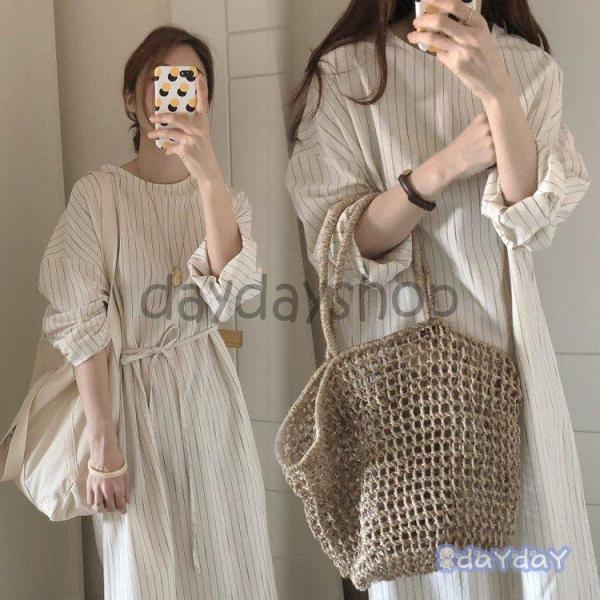 ネストローブ リネン 麻 ストライプ 長袖 ロング シャツ ワンピース フレンチリネンの先染めストライプ＊* | 神戸店 | nest Robe