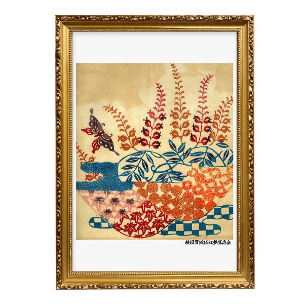 A3 額縁 額装 木製 フレーム 琉球紅型 戦前〜戦後の 着物柄 昭和レトロ