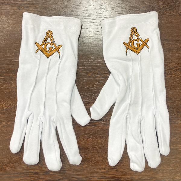 フリーメイソン、金色のGマーク刺繍入り手袋です。真っ白ではなくやや青みがかった白です。※輸入品の為、位置ずれ・刺繍の色抜けございます。ご了承の上ご注文下さい。画像は見本です。全長（約）：23.5cm手首部の幅（約）：9.5cm材質　コットン