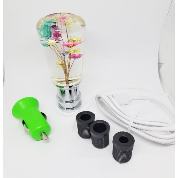 ハンドメイド 　アクリル製のシフトノブ配線をつなぐと４色に色がグラデーションに変わっていきます。ムードたっぷりです。大きさ直径44ｍｍ、高さ102ｍｍ材質　アクリル製本体口径は17ｍｍ、ＰＶＣアダプターはM8、M10、M12の３タイプでネジ...