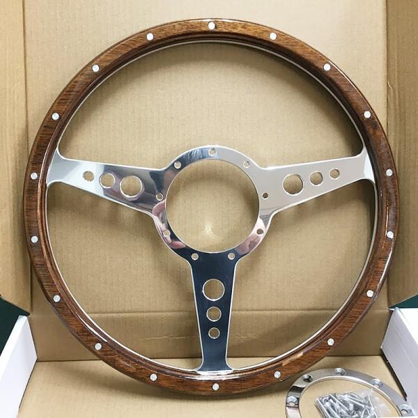 カスタム アルミ ビレット クラッシックウッド 丸穴フラット ステアリング ハンドル 9穴 約35φ 14インチ バドニック モトリタ レカラ