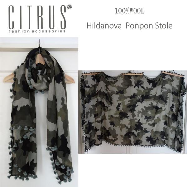 CITRUS シトラス 迷彩柄の大判ストール ウール100% Hildanova pompom ポンポンストール カモフラージュ