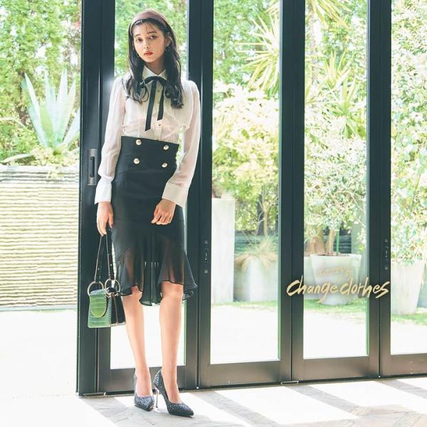 キャバ ドレス キャバドレス ワンピース 大きいサイズ 激安 超特価 2ピース リボンタイ シアー L M タイト シフォンブラウス マーメイド S