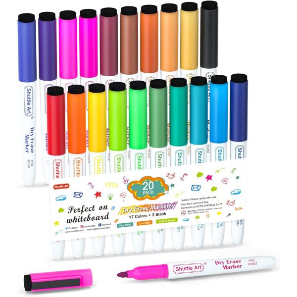 ShuttleArt ホワイトボードマーカー 消せるマーカーペン 20色セット 磁気 マグネット付 イレーサー付 ホワイトボード用 ガラス LED看板に書ける オフィス 学校用