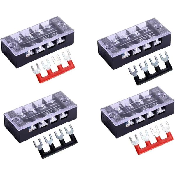Coolotic 8個/ 4セット4ポジション2列600V25Aネジカバー付き純銅端子台ブロック+ 固定端子台 組端子台 600V 25A 2列型 極数4 2色絶縁圧着端子セット付属