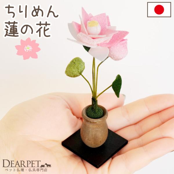 祈りの場に彩りを添える、ちいさな蓮の花のオブジェです。ほっこりとした印象のちりめん細工ででお作りしました。全体のサイズ：高さ 10.5cm×奥行き 3.5cm×横幅 3.5cm素材：レーヨンちりめん※人の手でひとつずつ作っているため、色味や...