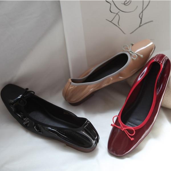 バレエシューズ リボン エナメル スクエアトゥ レディース フラットシューズ パンプス ぺたんこ ペタンコ 靴 婦人靴 黒 ブラック 赤 レッド  ベージュ :o-2113:DECILITER(デシリットル) - 通販 - 