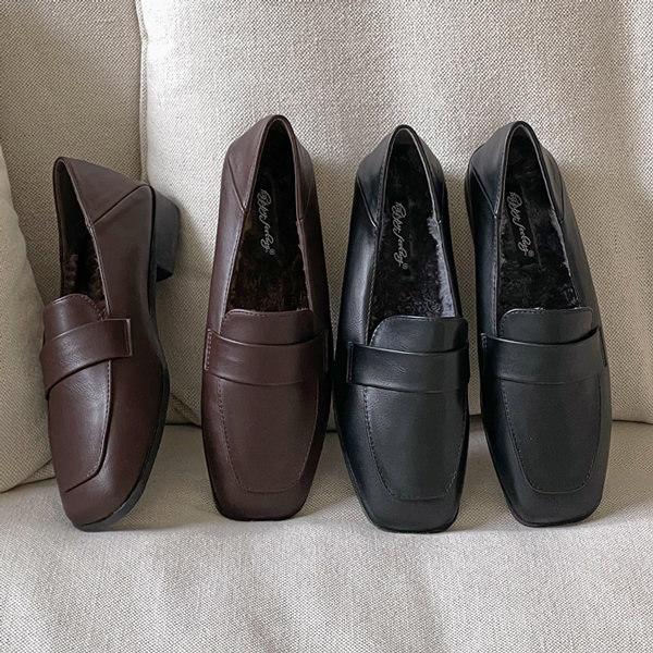 ローファー スクエアトゥ フェイクファー フラット レディース