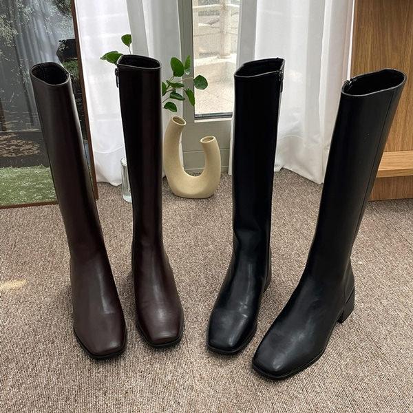 ロングブーツ スクエアトゥ サイドジップ レディース ミドルヒール 太