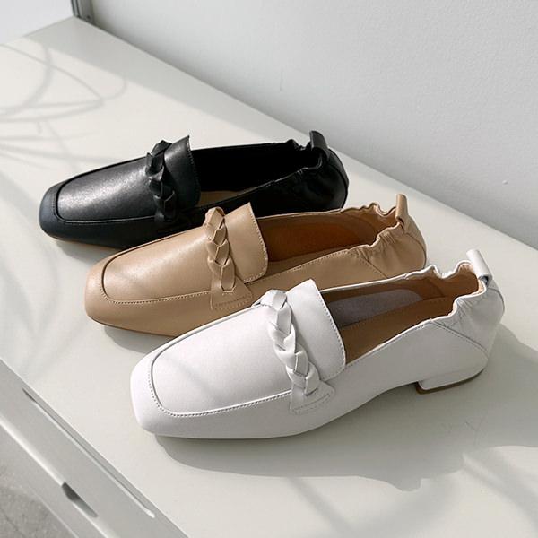 ローファー 天然牛革 編み込み モチーフ スクエアトゥ フラット