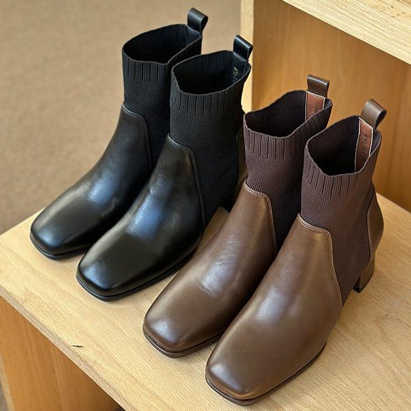 ショートブーツ ニットブーツ スクエアトゥ レディース チャンキー 