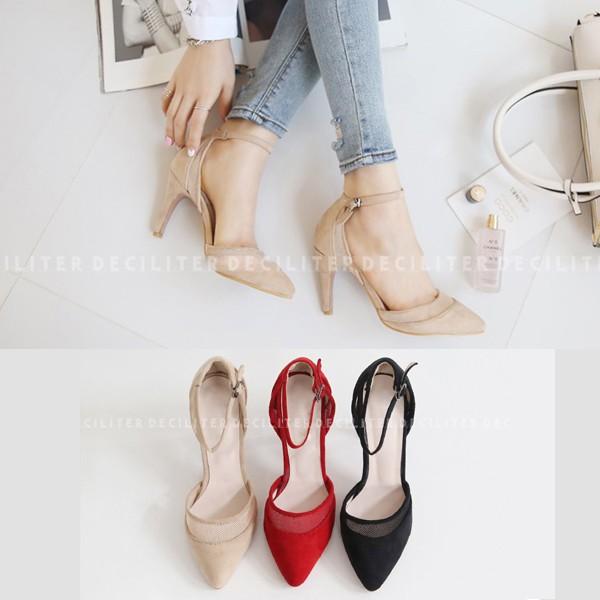 パンプス ヒール ポインテッドトゥ アンクルストラップ スエード