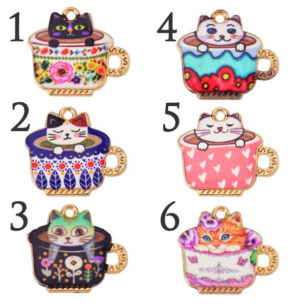 6種類のカップに入った温泉ネコ☆かわいいアンティークチャーム ねこ
