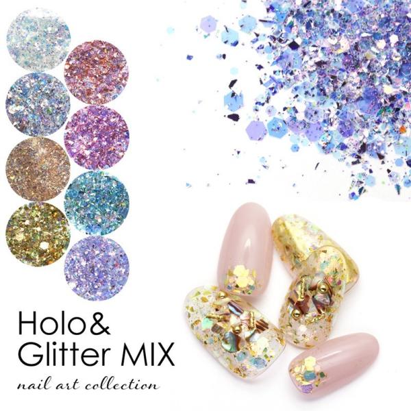 【特徴】6サイズの六角ホロと乱切りホロ、グリッターがMIX〇゜          「ホロ&amp;ラメMIXパウダー」が登場〇゜極薄だからジェルの埋め込みも楽々♪ベースのカラーでいろいろな雰囲気になります！かさばらないパウチでお届け♪【内容...