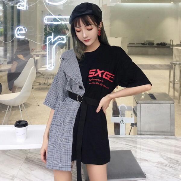アシンメトリー カットソー 異素材 ロゴ ビッグシルエット ストリート トップス ダンス 衣装 韓国 ヒップホップ レディース