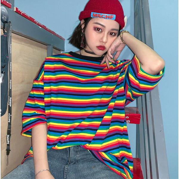 Tシャツ カットソー 半袖 レインボー ボーダー柄 トップス ダンス 衣装 韓国 ヒップホップ レディース 8da039 韓国系ダンスウェアdecorative 通販 Yahoo ショッピング