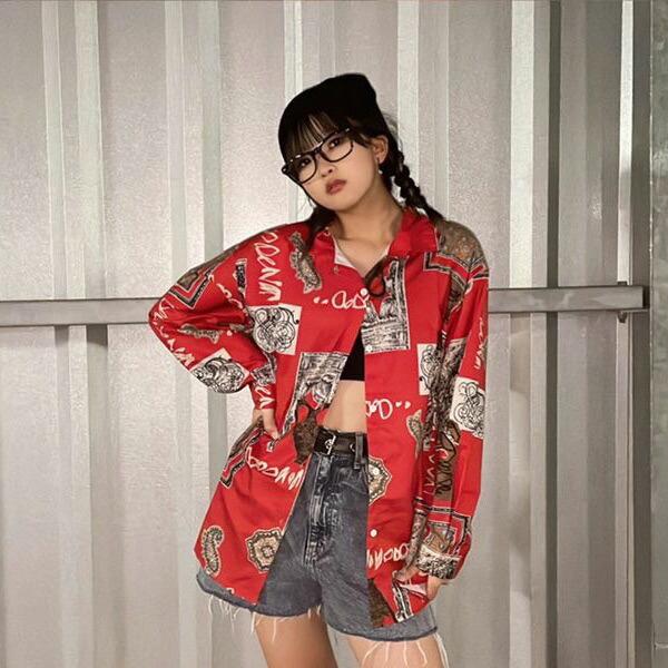 即納あり】柄シャツ ペイズリー柄 レッド 総柄 アート 長袖