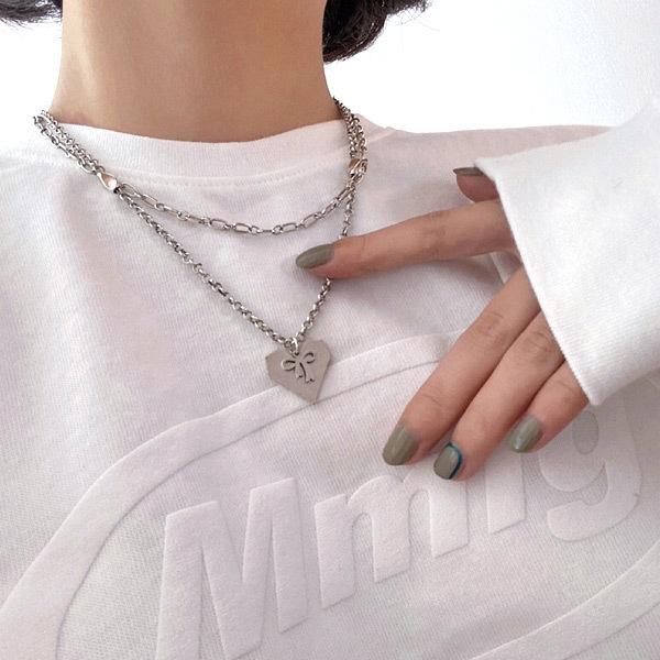 ハート リボンモチーフ 2連チェーンネックレス シルバー 韓国系 ファッション レディース A1a229 韓国系ダンスウェアdecorative 通販 Yahoo ショッピング