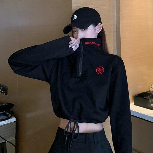 ハーフジップトップス ショート丈 ロゴ刺繍 ハイネック 長袖 ダンス