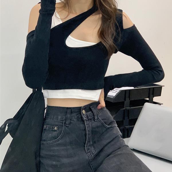 アシンメトリートップス クロップド丈 レイヤード風 オープン