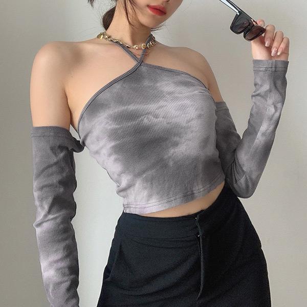 スリーブ付きベアトップ タイダイ柄 ショート丈 ホルターネック 